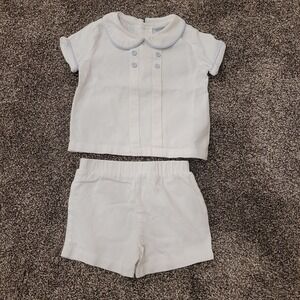 Edgehill Collection Baby Boys White Blue Trim Shortall Set 18M